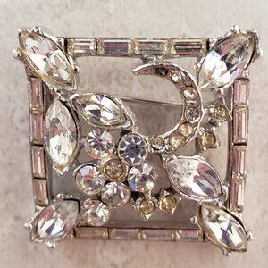 Vintage square clear crystal/silver tone brooch; gently used; spring ring clasp